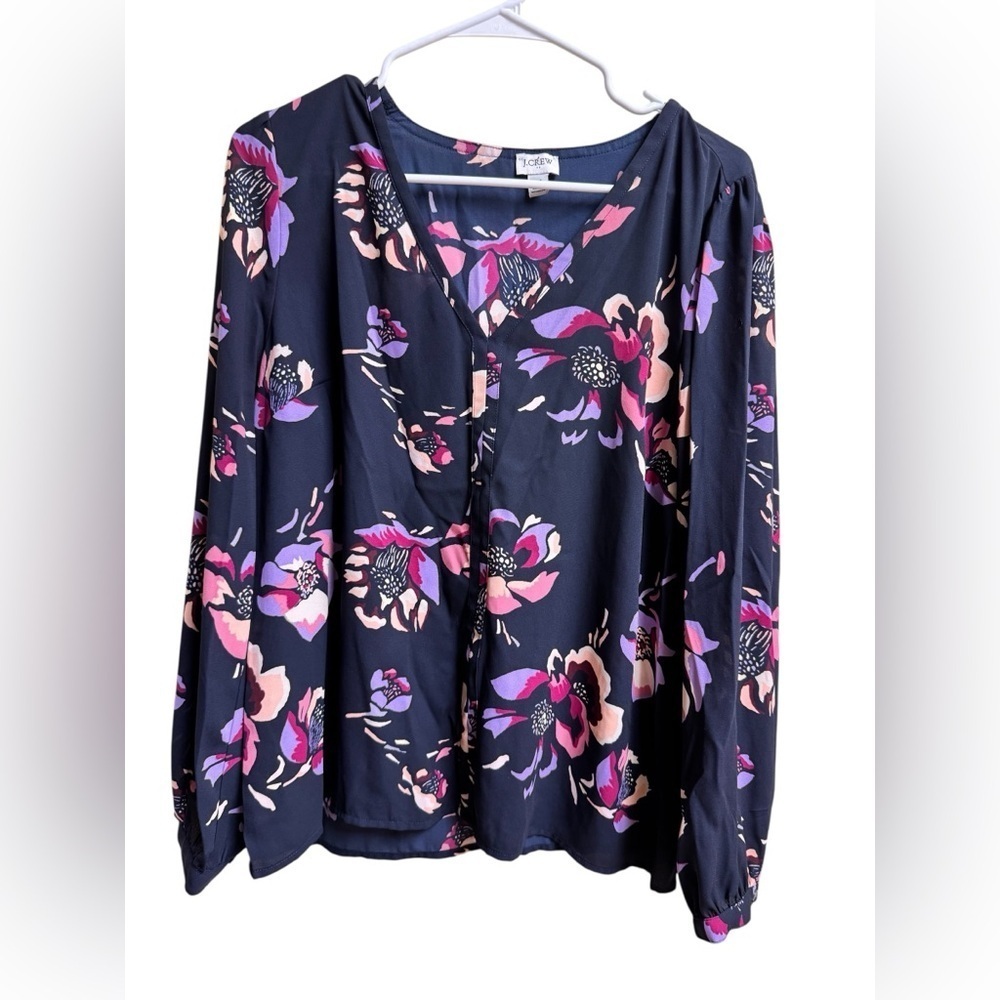 J.Crew Women’s Blouse Size 14 Navy Floral Long Sleeve V-Neck Top Polyester